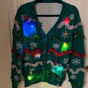 NWOT Holiday Green Cardigan with Festive Decorations